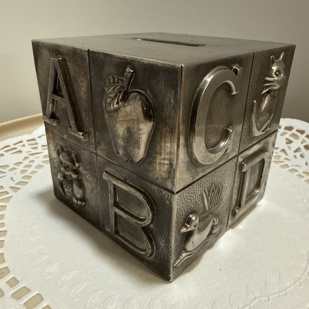 Godinger Silver ABC Block Piggy Bank Cube Nursery Baby Keepsake Metal‎